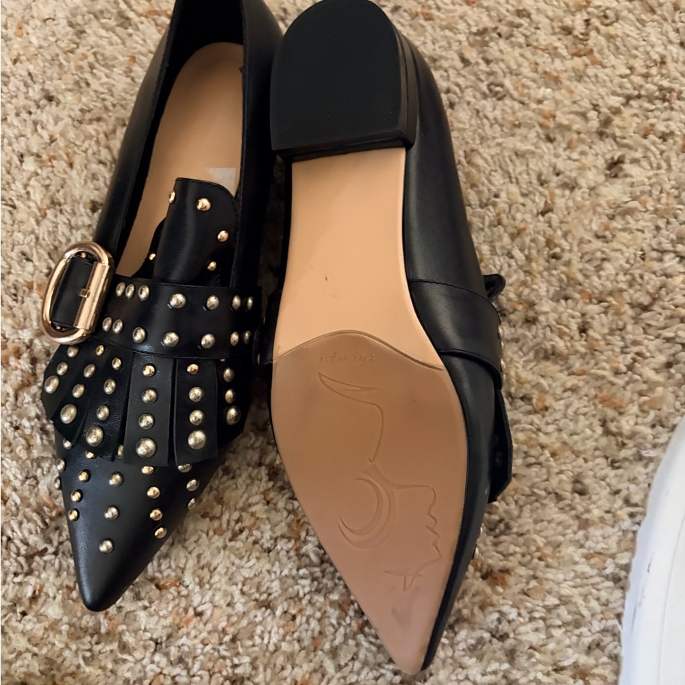 Black Studded Leather Pointed Toe Ballet Flats Size 37 - Picture 3 of 3